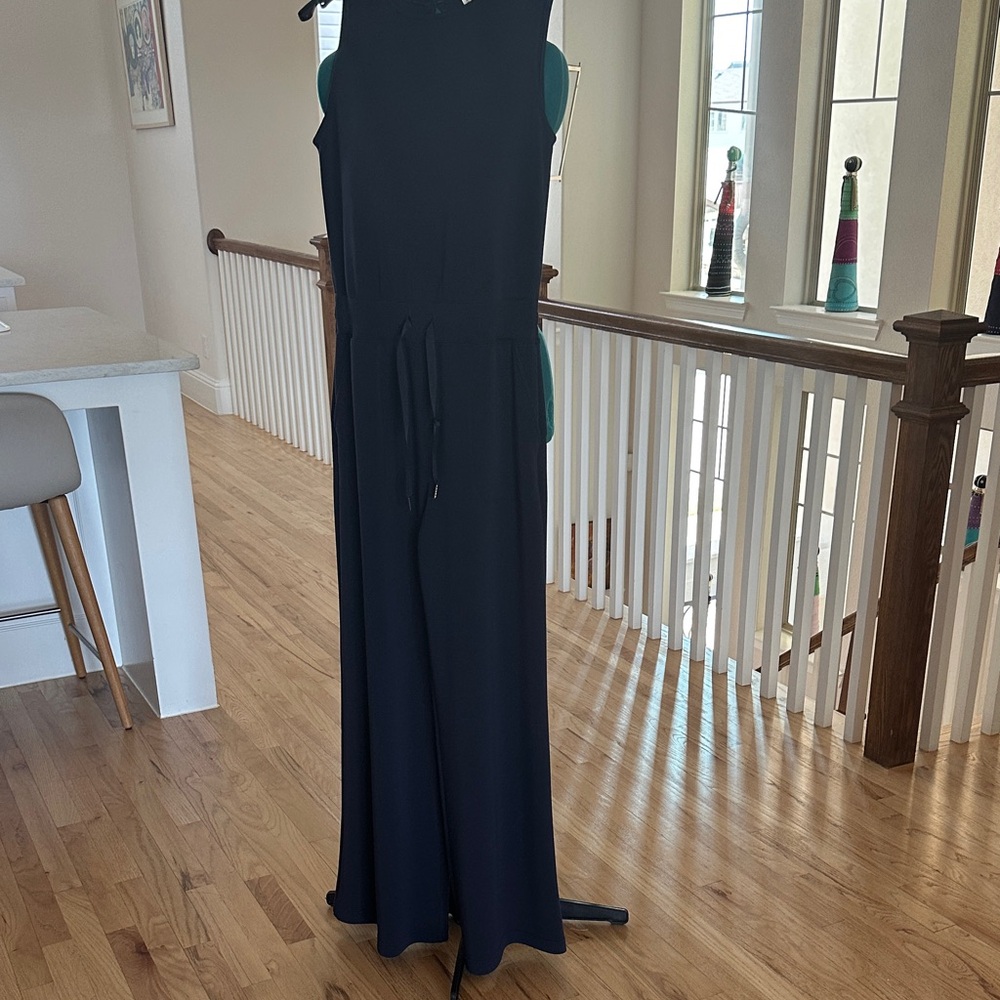 Sleeveless Dark Navy Wide-Leg Jumpsuit with Drawstring Waist